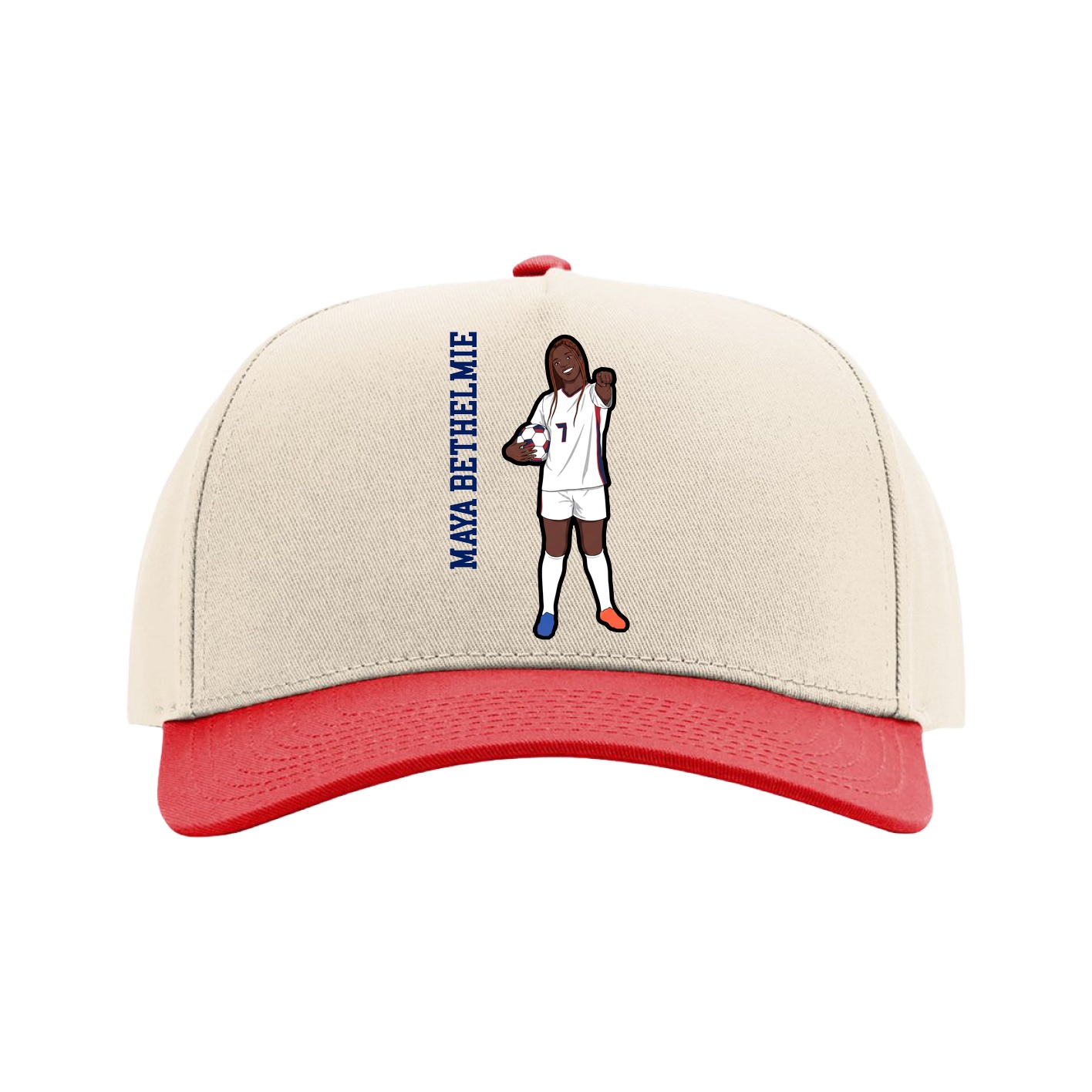 Full Fabric Five-Panel Champ Cap — Name Vertical in Cream/Red