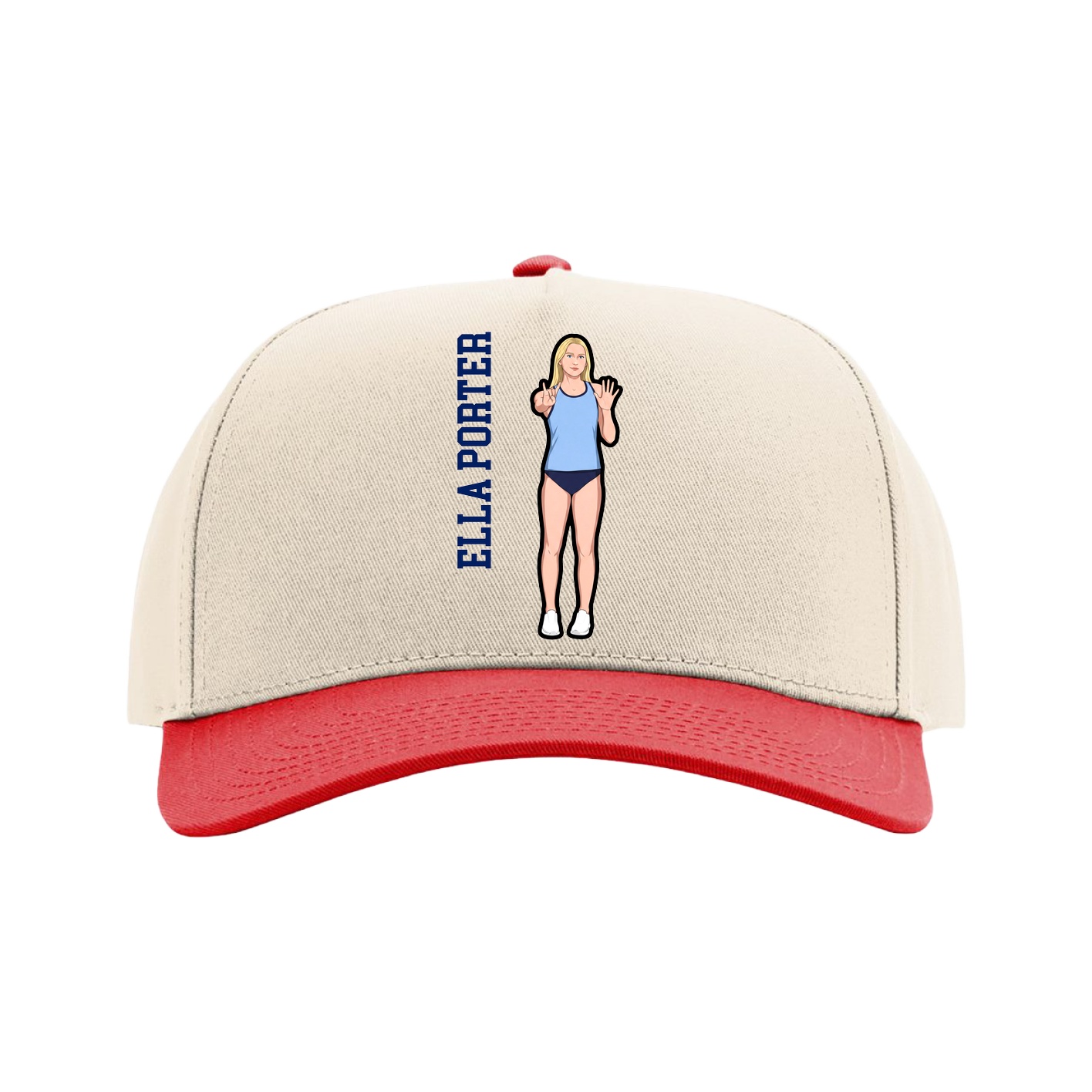 Full Fabric Five-Panel Champ Cap — Name Vertical in Cream/Red