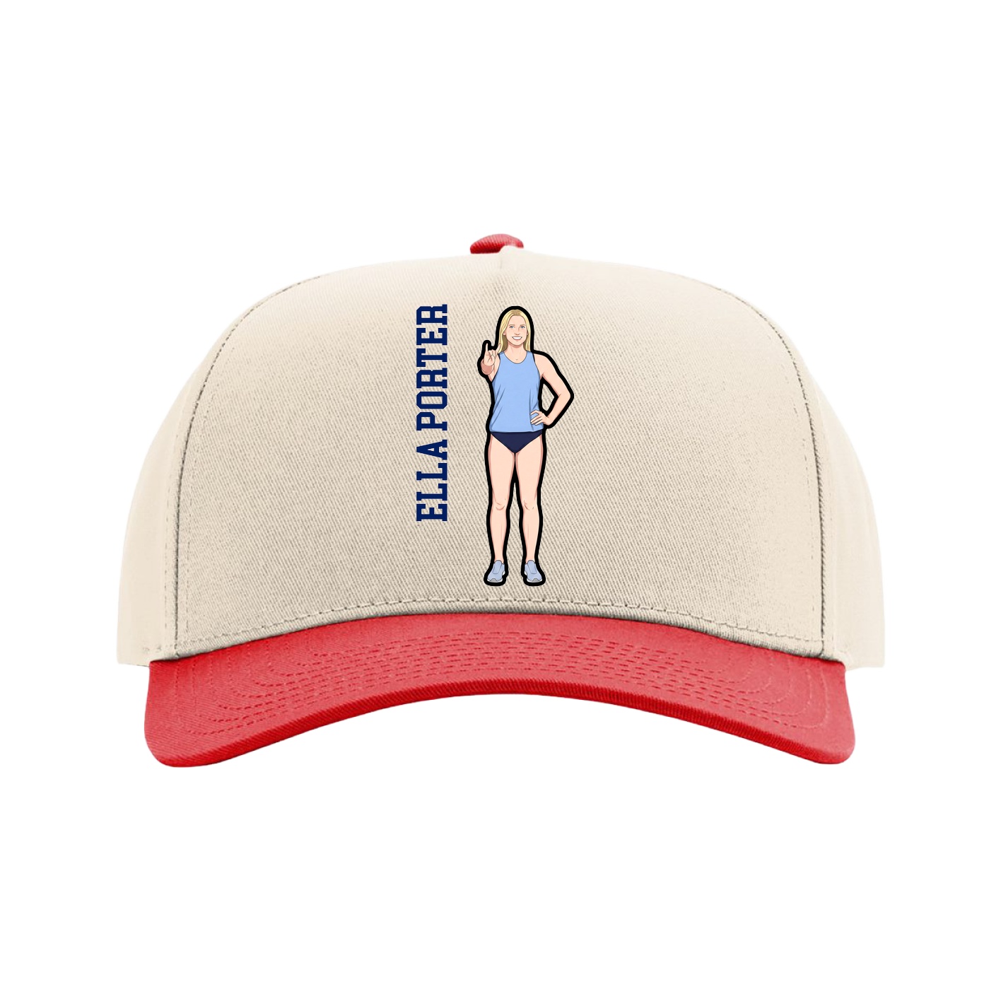 Full Fabric Five-Panel Champ Cap — Name Vertical in Cream/Red