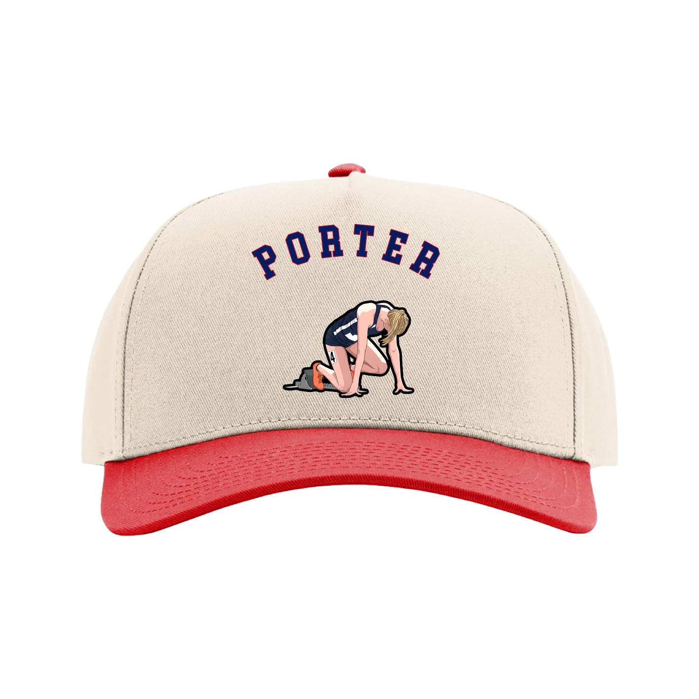 Full Fabric Five-Panel Champ Cap — Shirsey Arch in Cream/Red