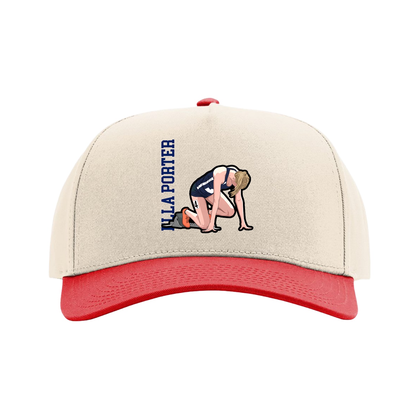 Full Fabric Five-Panel Champ Cap — Name Vertical in Cream/Red