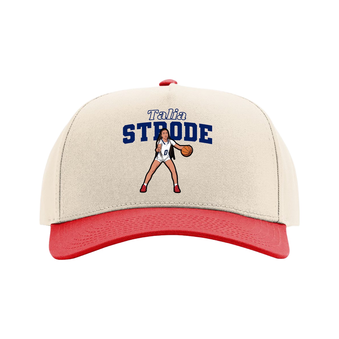 Full Fabric Five-Panel Champ Cap — Name Arch in Cream/Red