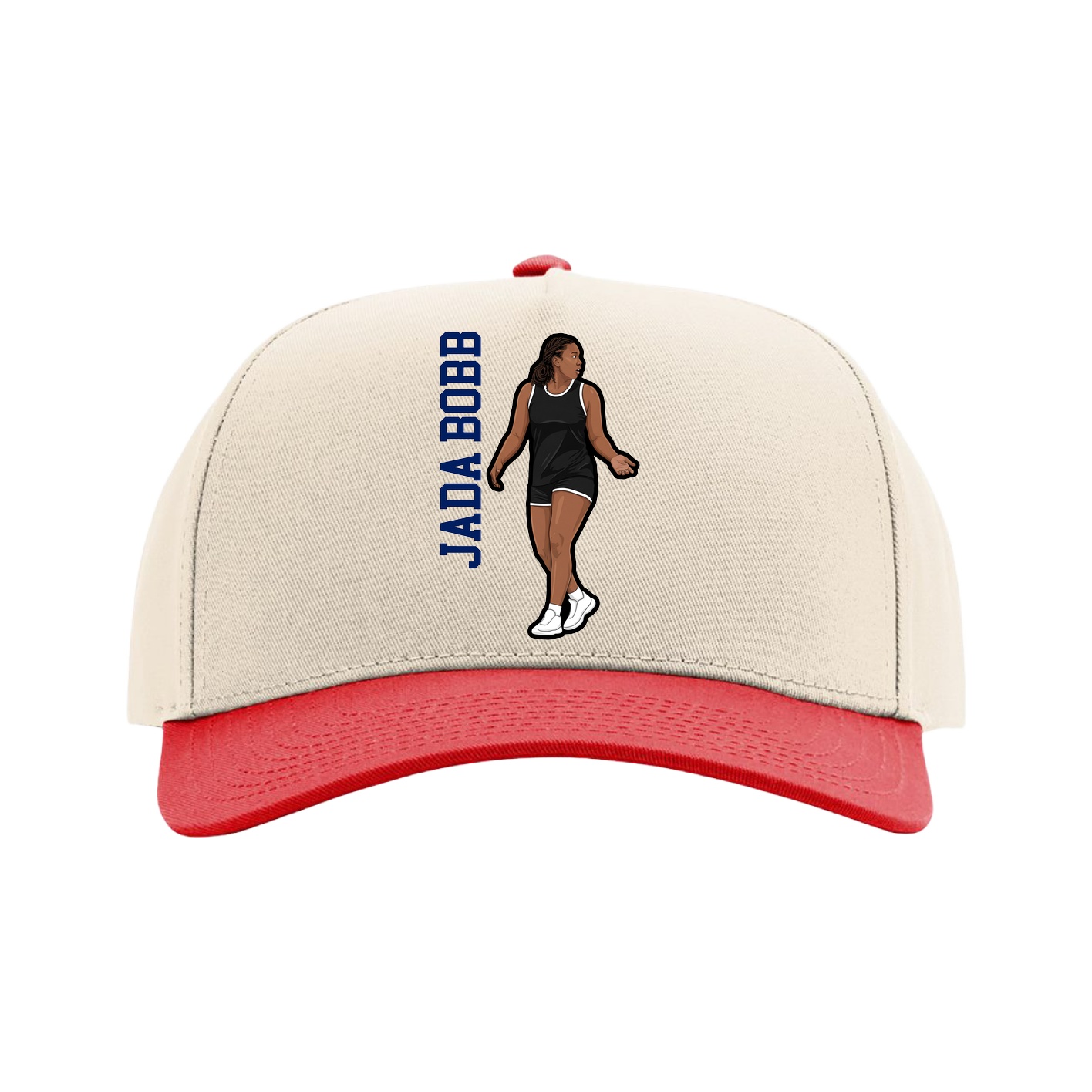 Full Fabric Five-Panel Champ Cap — Name Vertical in Cream/Red
