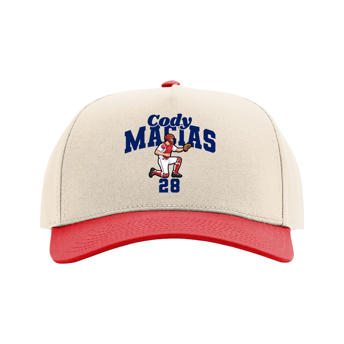 Full Fabric Five-Panel Champ Cap — Signature Arch in Cream/Red