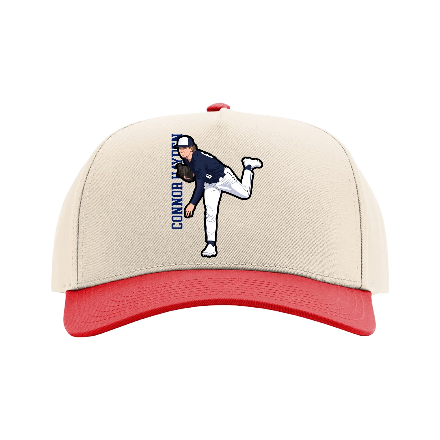 Full Fabric Five-Panel Champ Cap — Name Vertical in Cream/Red