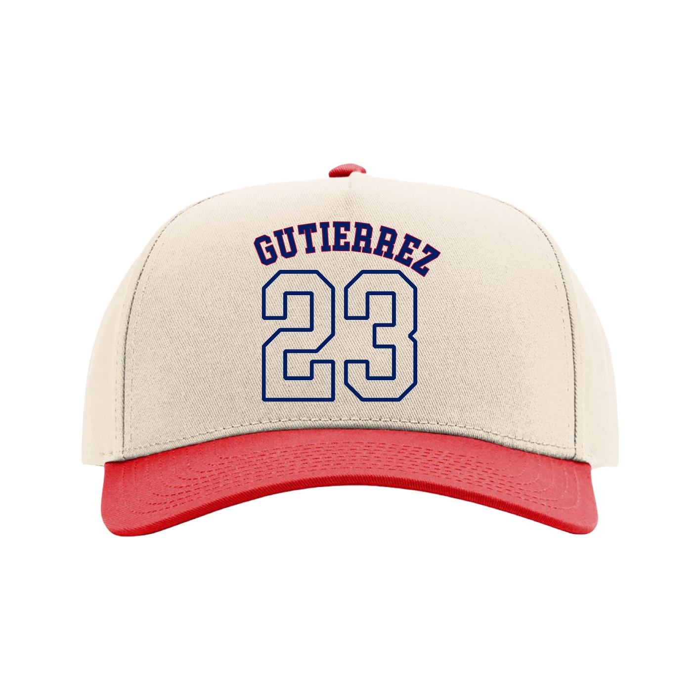 Full Fabric Five-Panel Champ Cap — Shirsey Arch in Cream/Red