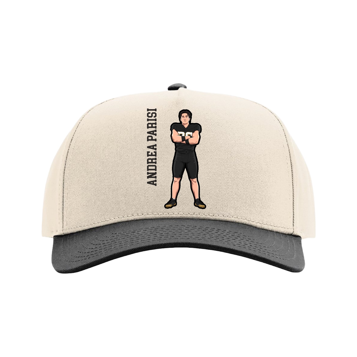 Full Fabric Five-Panel Champ Cap — Name Vertical in Cream/Black