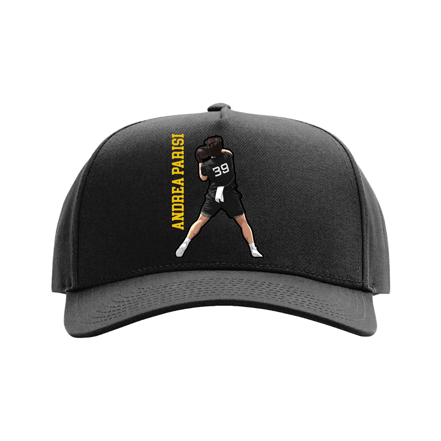 Full Fabric Five-Panel Champ Cap — Name Vertical in Black