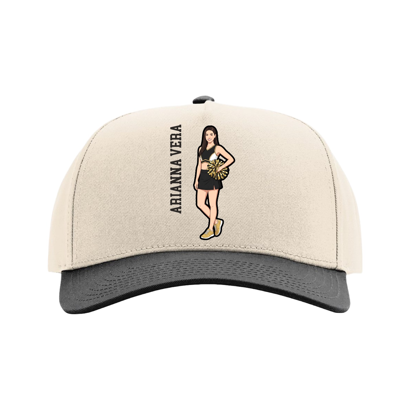 Full Fabric Five-Panel Champ Cap — Name Vertical in Cream/Black