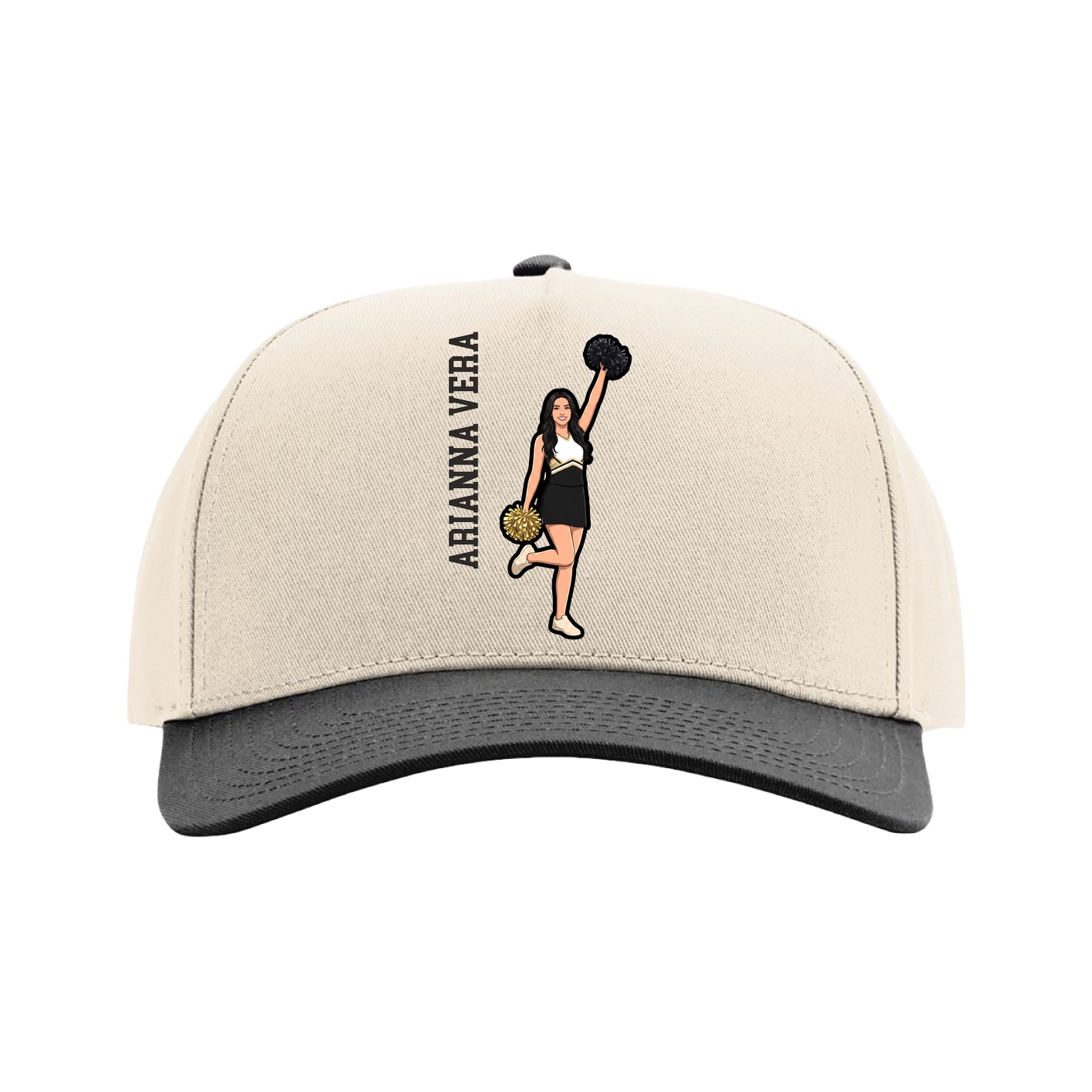 Full Fabric Five-Panel Champ Cap — Name Vertical in Cream/Black