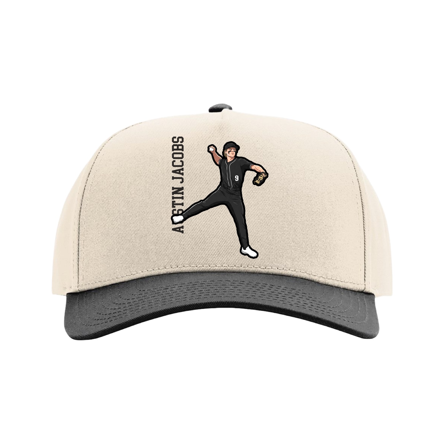 Full Fabric Five-Panel Champ Cap — Name Vertical in Cream/Black