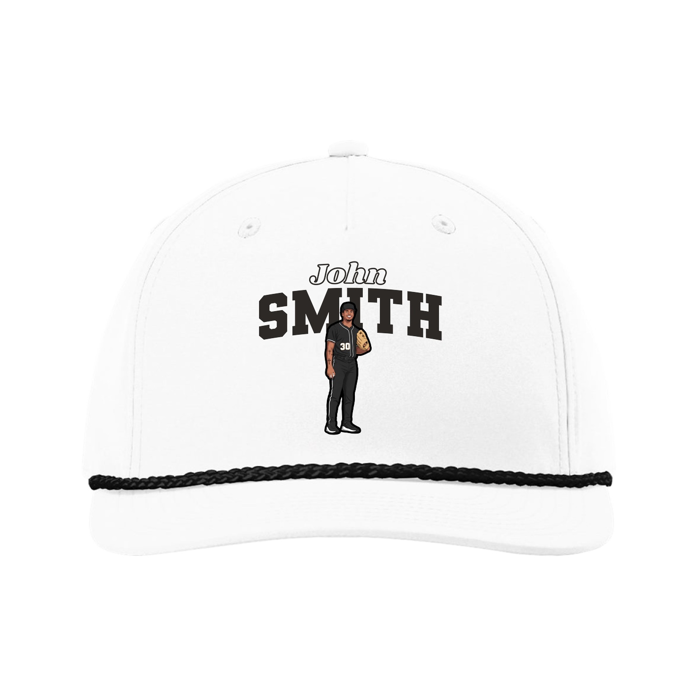 Five-Panel Classic Rope Cap — Name Arch in White