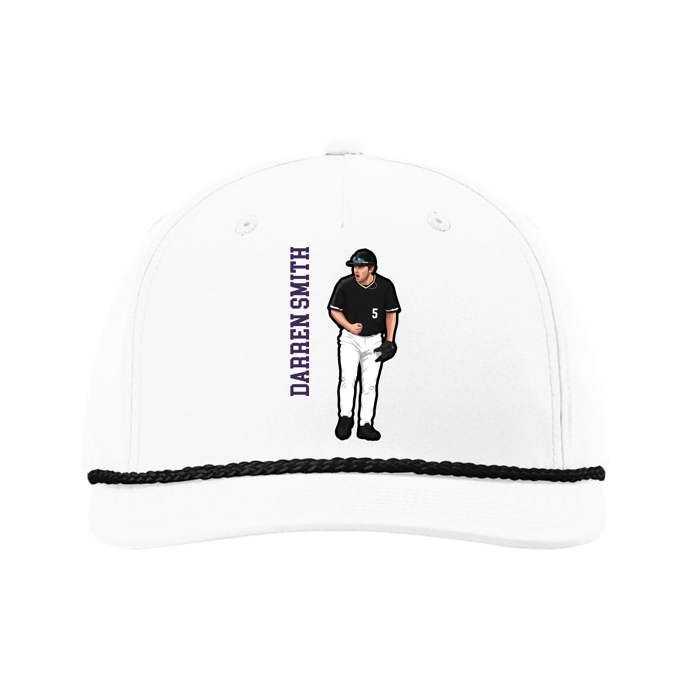Five-Panel Classic Rope Cap — Name Vertical in White