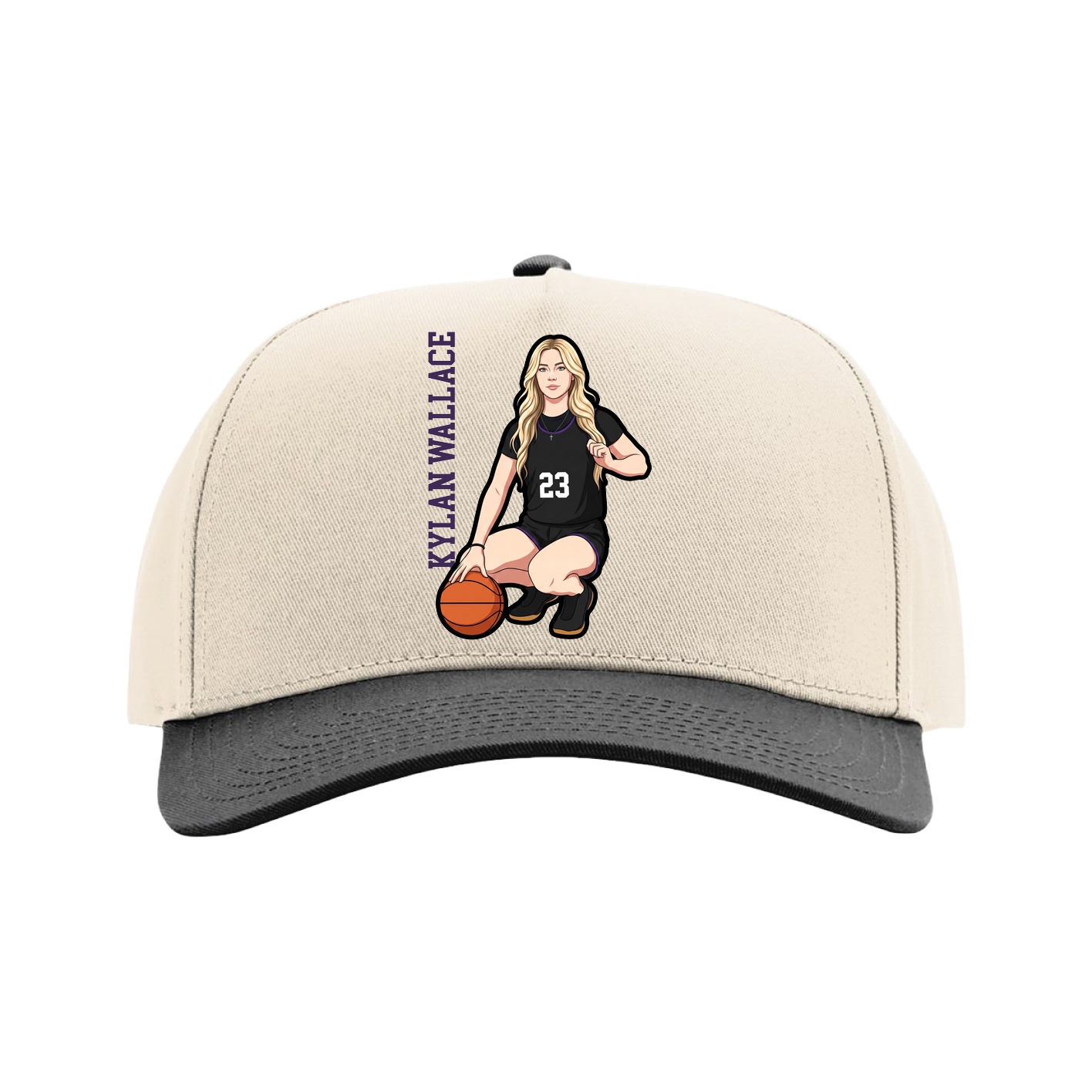 Full Fabric Five-Panel Champ Cap — Name Vertical in Cream/Black