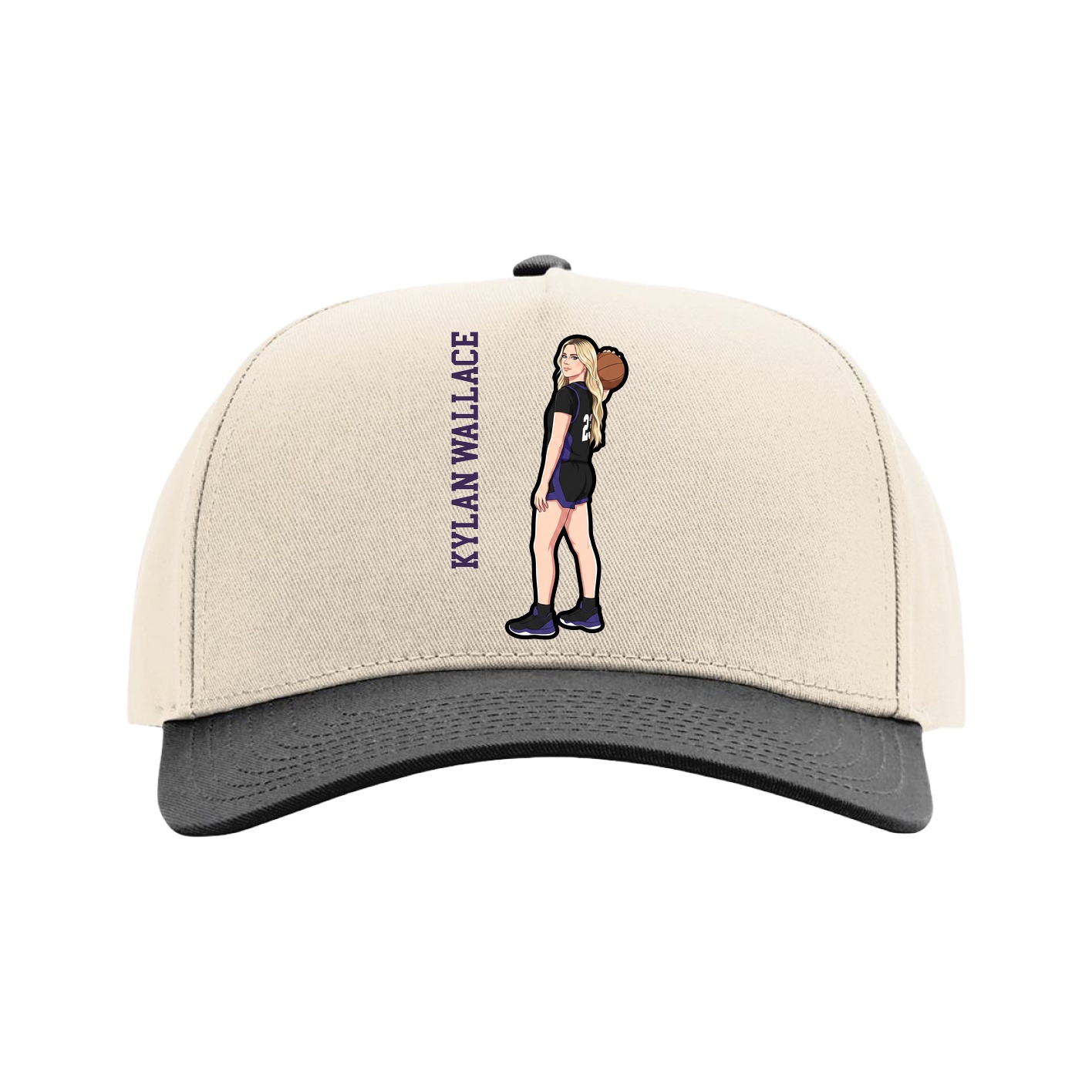 Full Fabric Five-Panel Champ Cap — Name Vertical in Cream/Black
