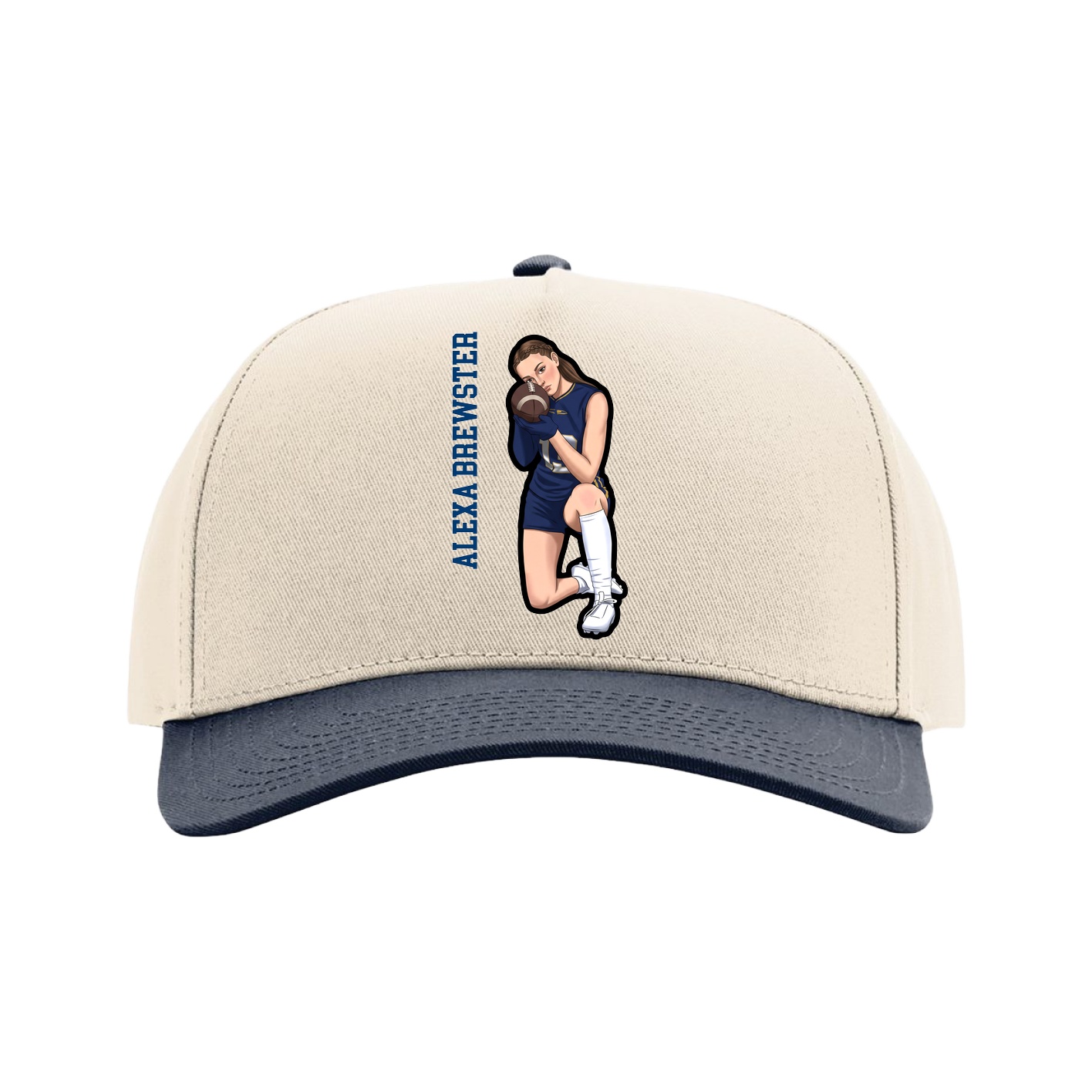 Full Fabric Five-Panel Champ Cap — Name Vertical in Cream/Navy