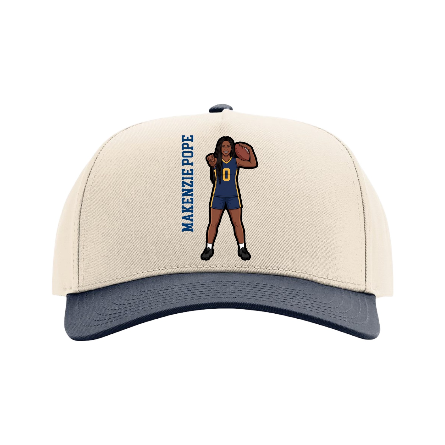 Full Fabric Five-Panel Champ Cap — Name Vertical in Cream/Navy