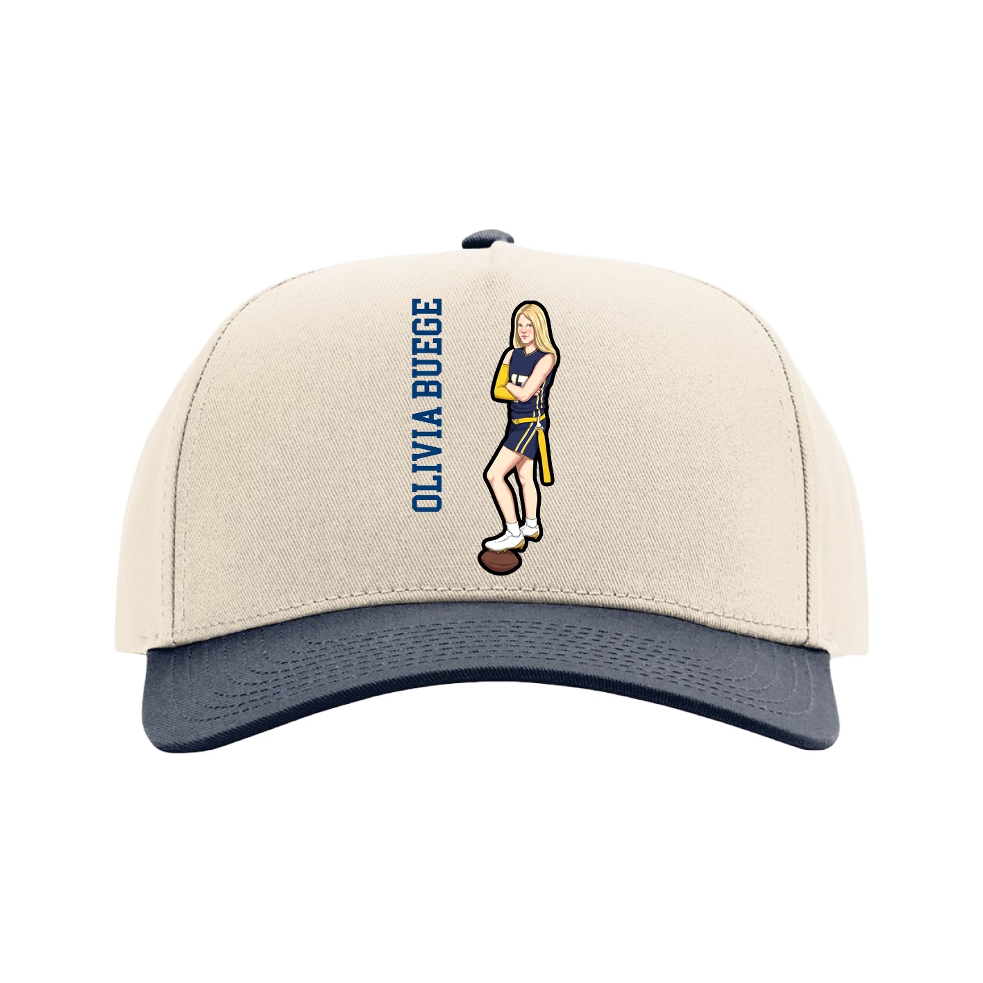 Full Fabric Five-Panel Champ Cap — Name Vertical in Cream/Navy