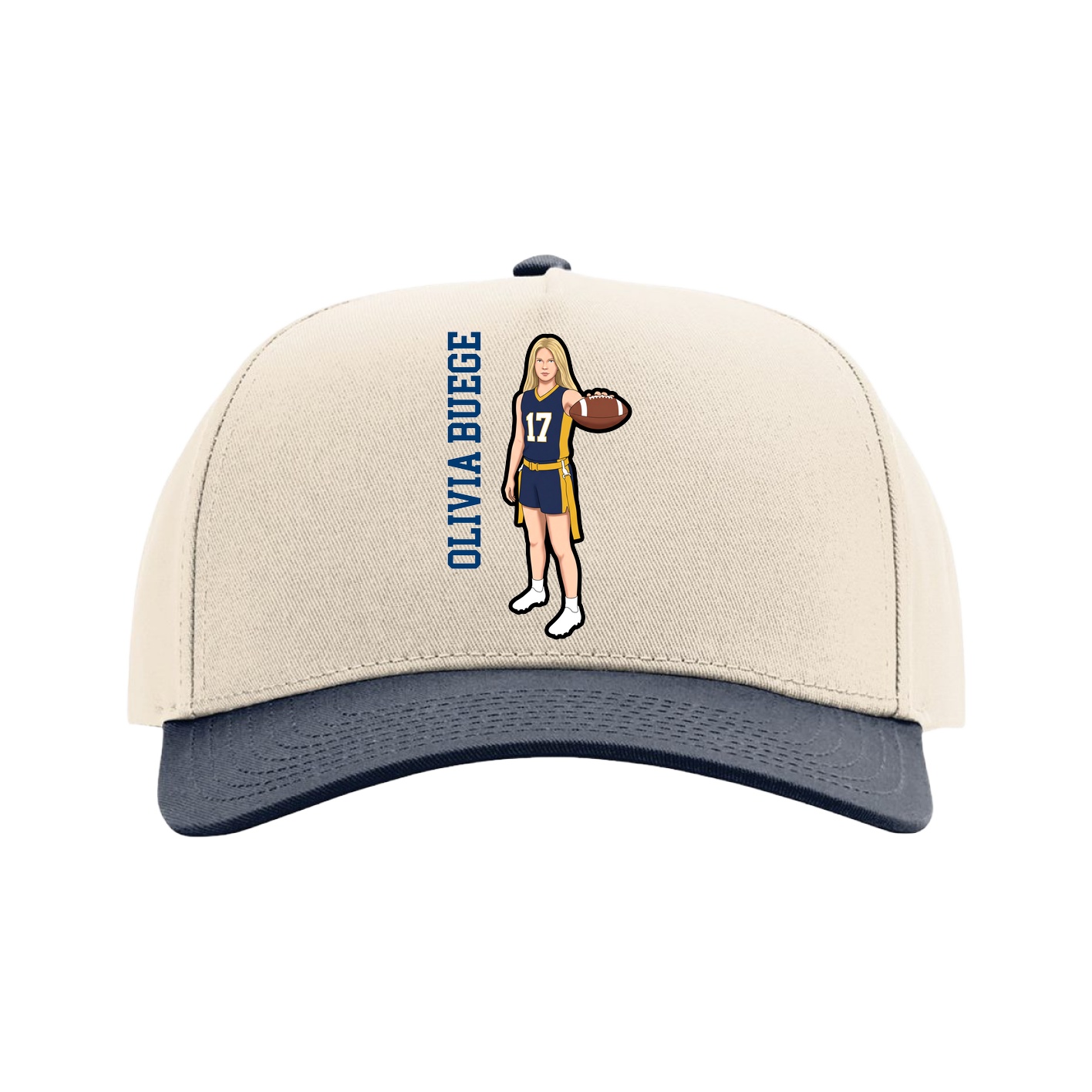 Full Fabric Five-Panel Champ Cap — Name Vertical in Cream/Navy