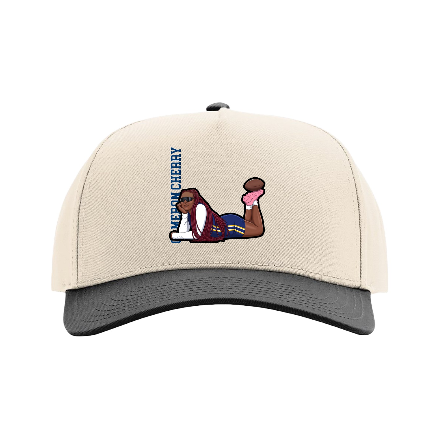 Full Fabric Five-Panel Champ Cap — Name Vertical in Cream/Black