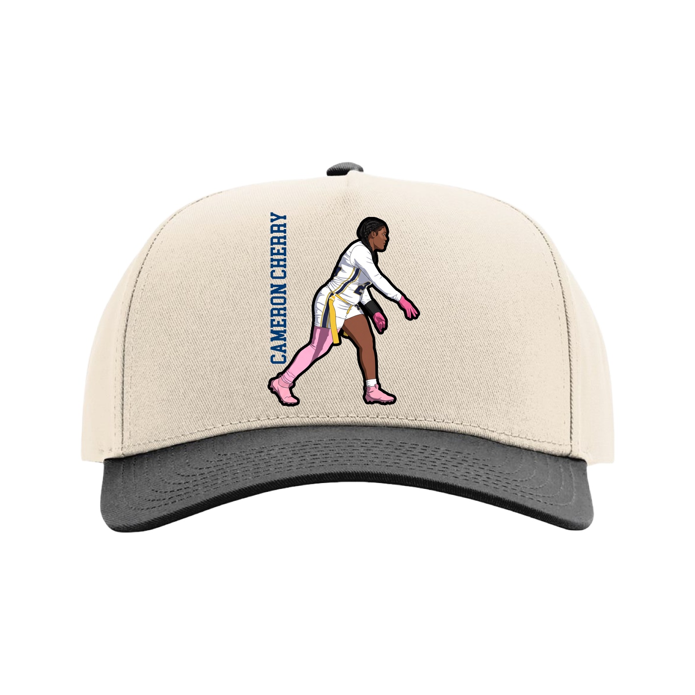 Full Fabric Five-Panel Champ Cap — Name Vertical in Cream/Black