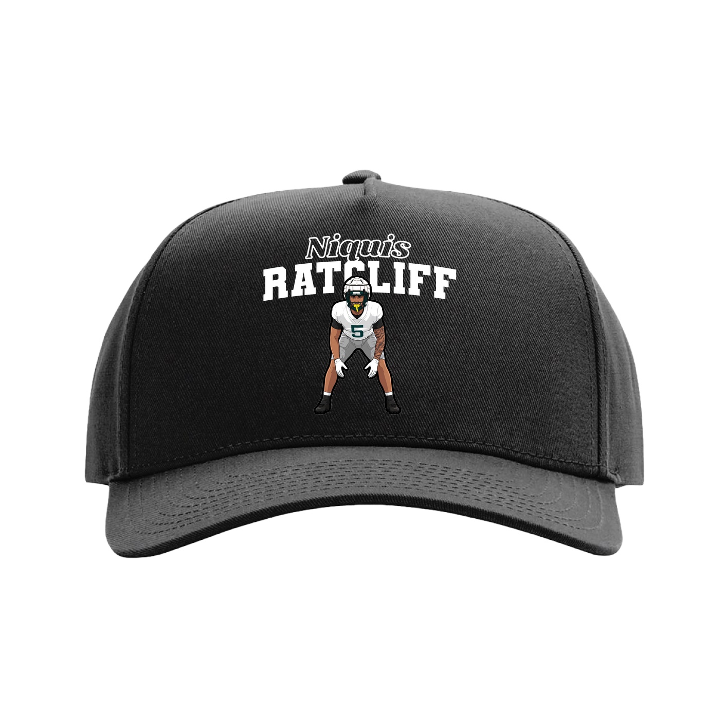 Full Fabric Five-Panel Champ Cap — Name Arch in Black