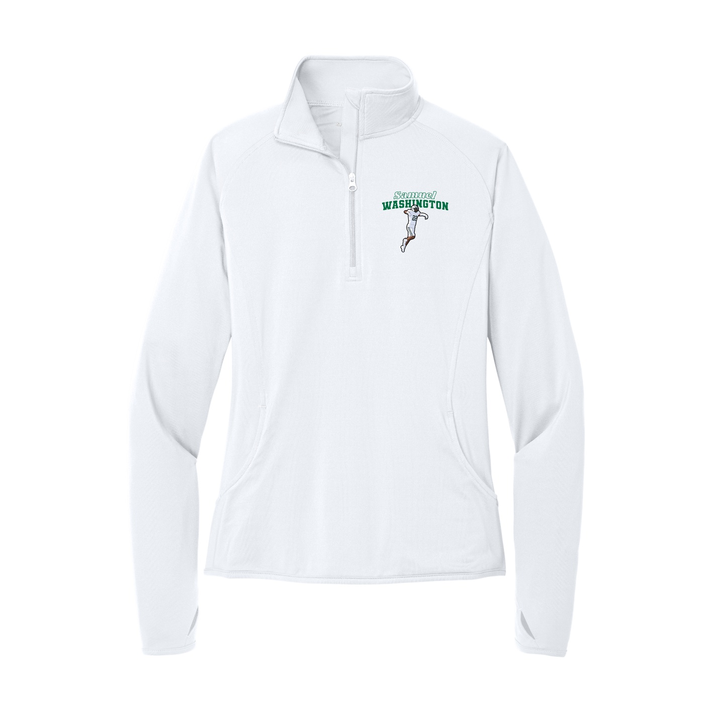 Women's Q-Zip Pullover — Name Arch in White