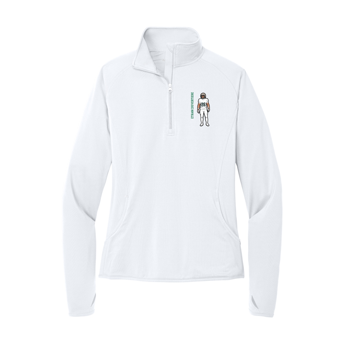 Women's Q-Zip Pullover — Name Vertical in White