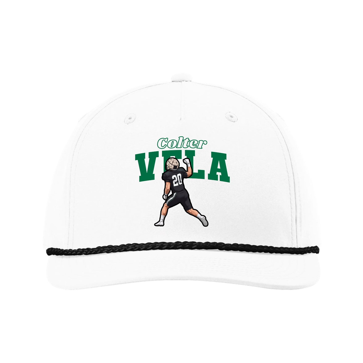 Five-Panel Classic Rope Cap — Name Arch in White