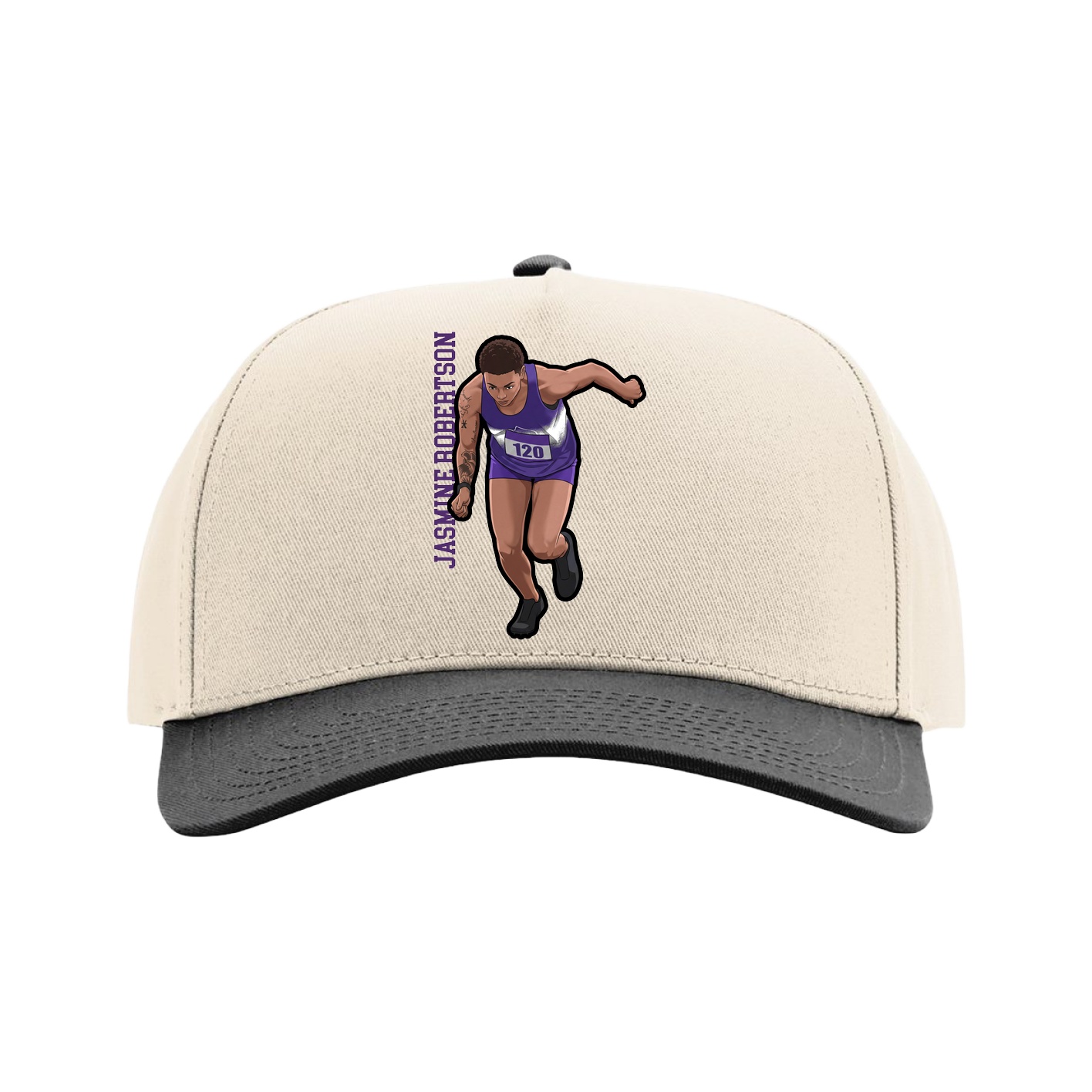 Full Fabric Five-Panel Champ Cap — Name Vertical in Cream/Black