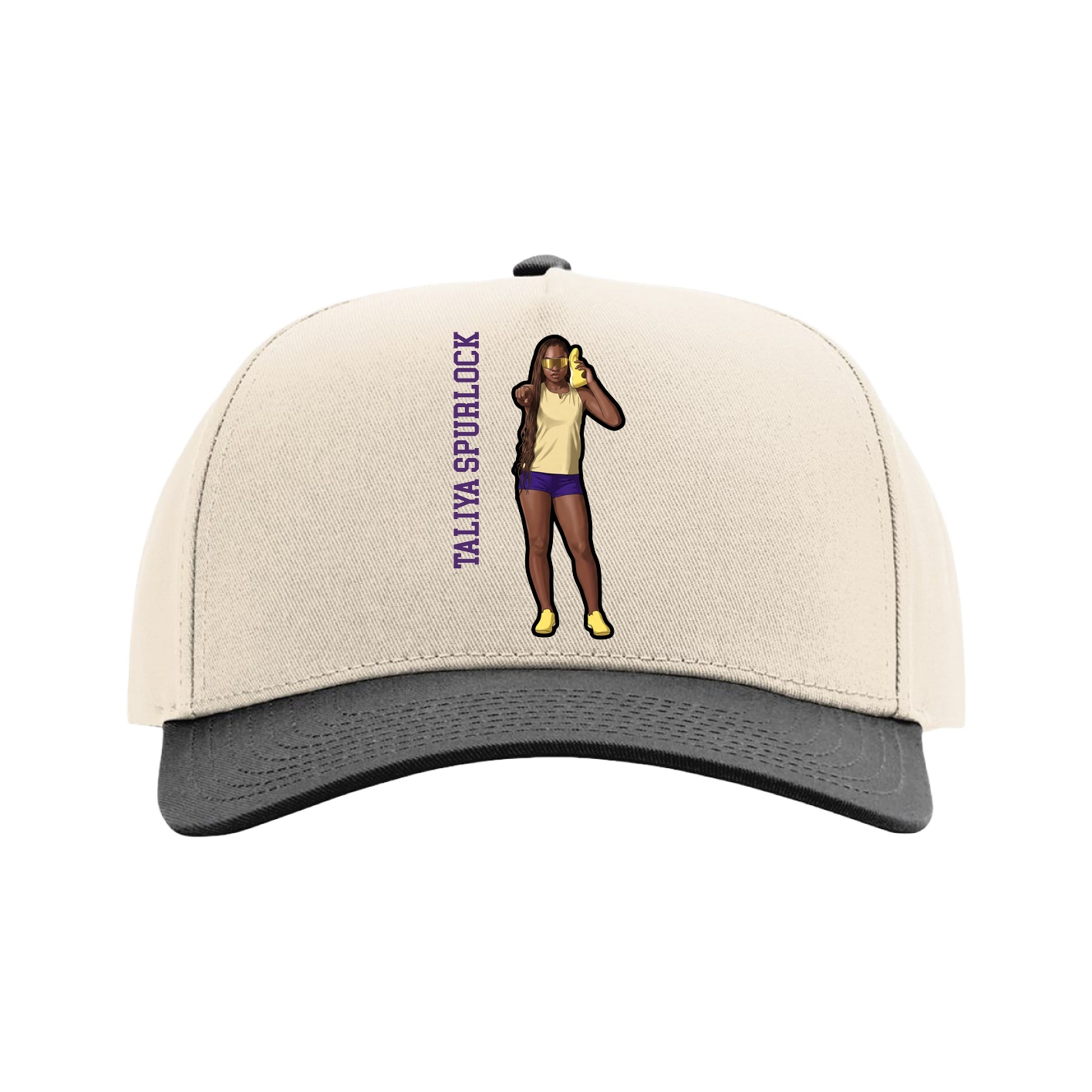 Full Fabric Five-Panel Champ Cap — Name Vertical in Cream/Black