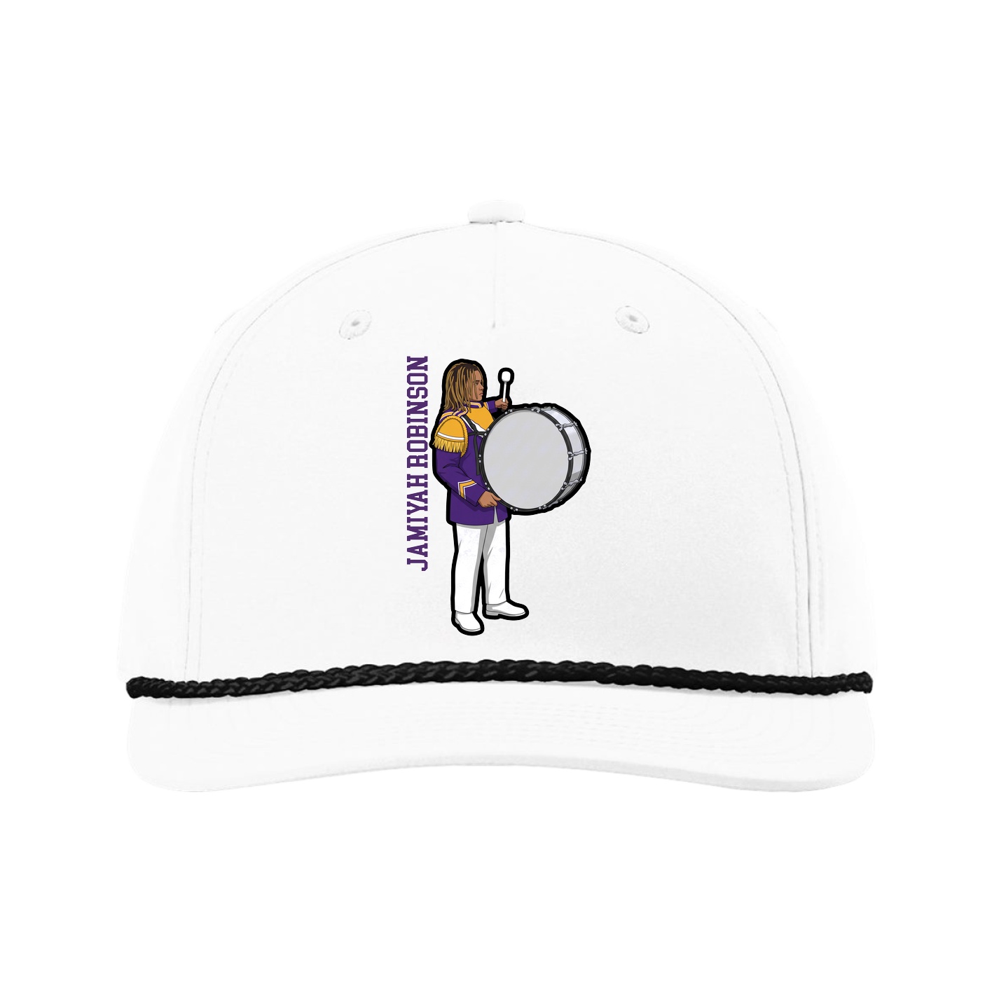 Five-Panel Classic Rope Cap — Name Vertical in White