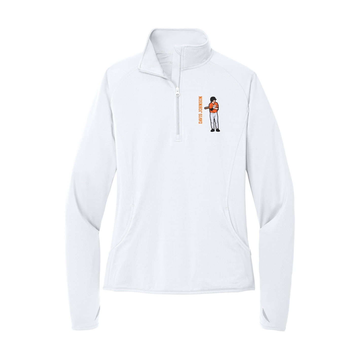 Women's Q-Zip Pullover — Name Vertical in White