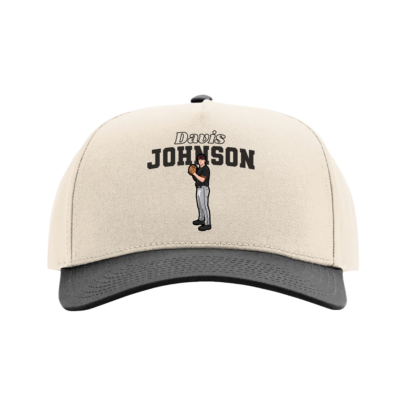 Full Fabric Five-Panel Champ Cap — Name Arch in Cream/Black