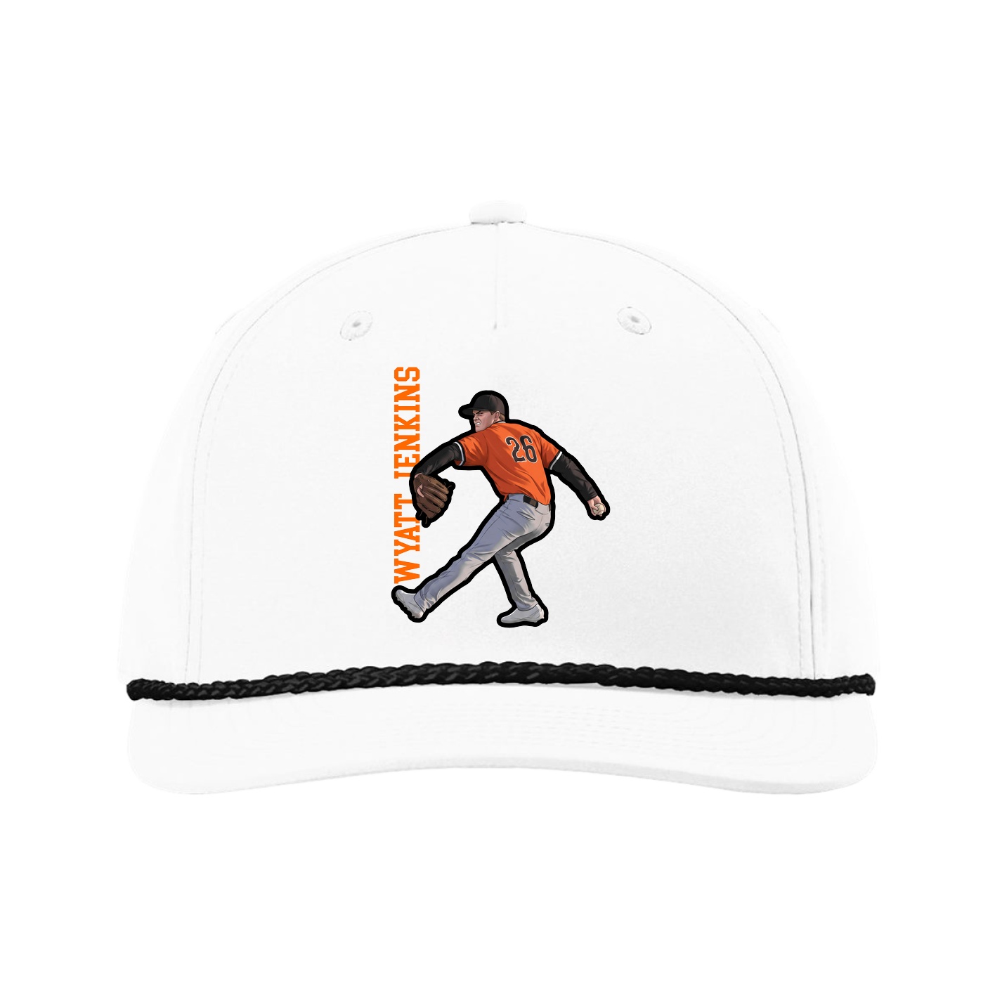 Five-Panel Classic Rope Cap — Name Vertical in White