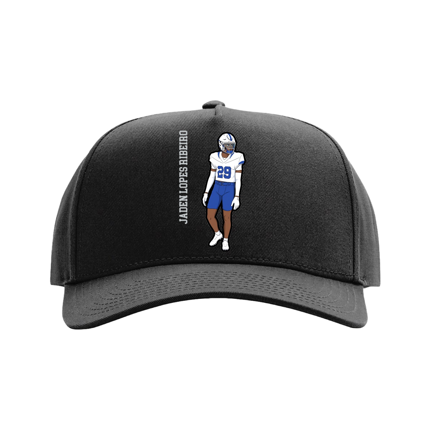 Full Fabric Five-Panel Champ Cap — Name Vertical in Black
