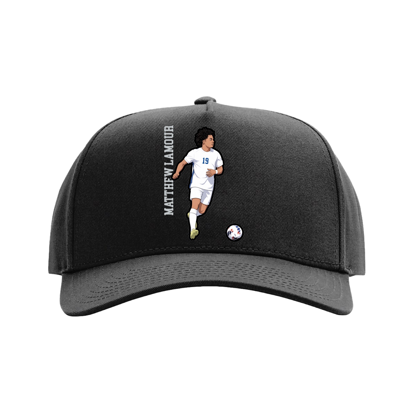 Full Fabric Five-Panel Champ Cap — Name Vertical in Black