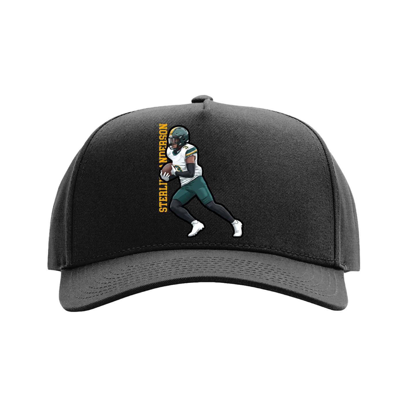 Full Fabric Five-Panel Champ Cap — Name Vertical in Black