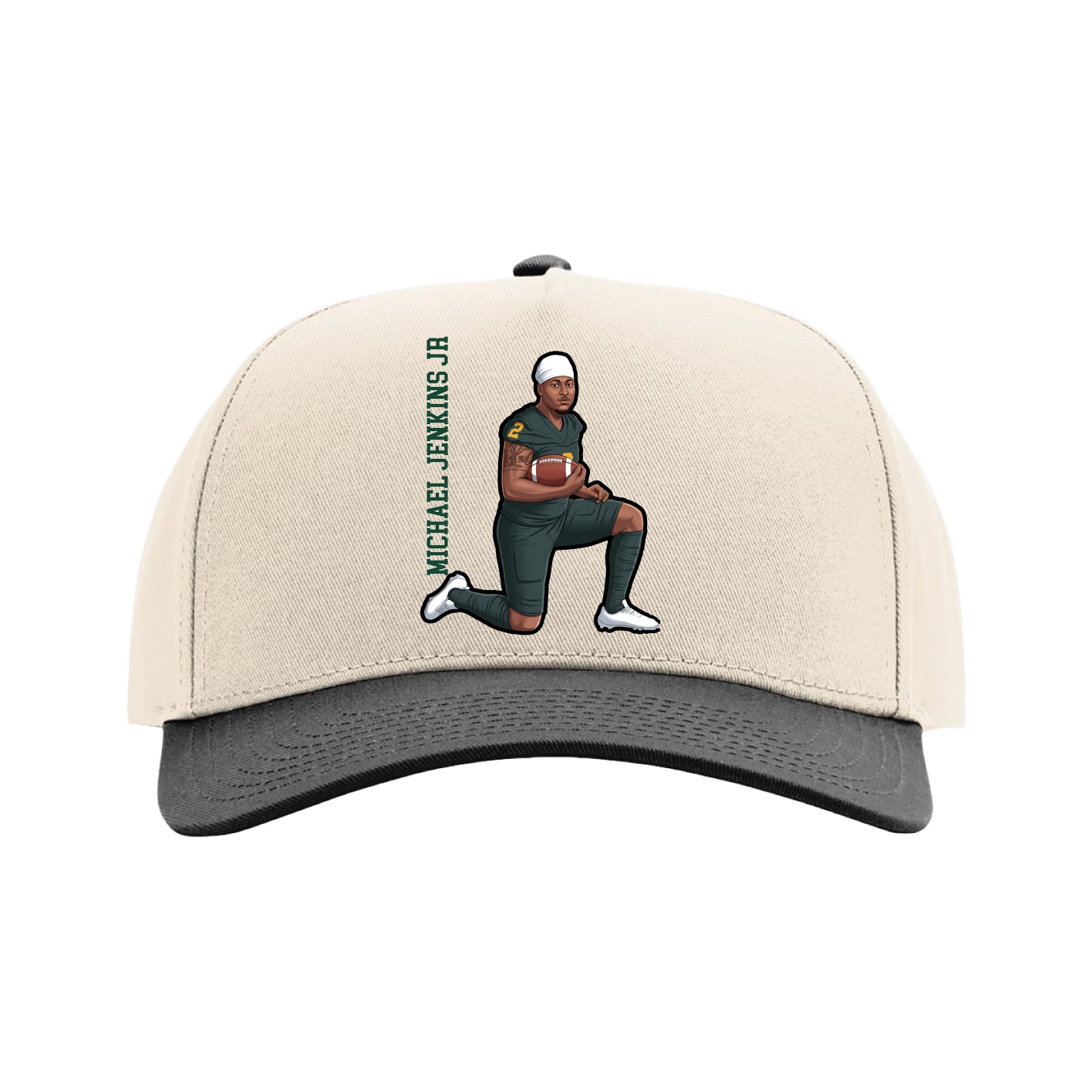 Full Fabric Five-Panel Champ Cap — Name Vertical in Cream/Black