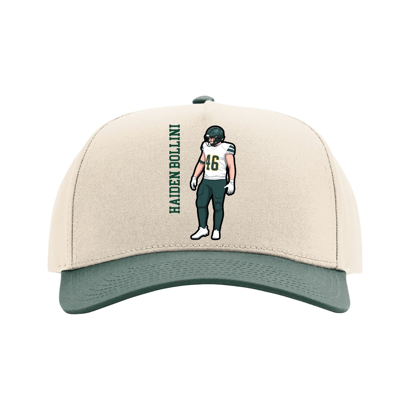 Full Fabric Five-Panel Champ Cap — Name Vertical in Cream/Green