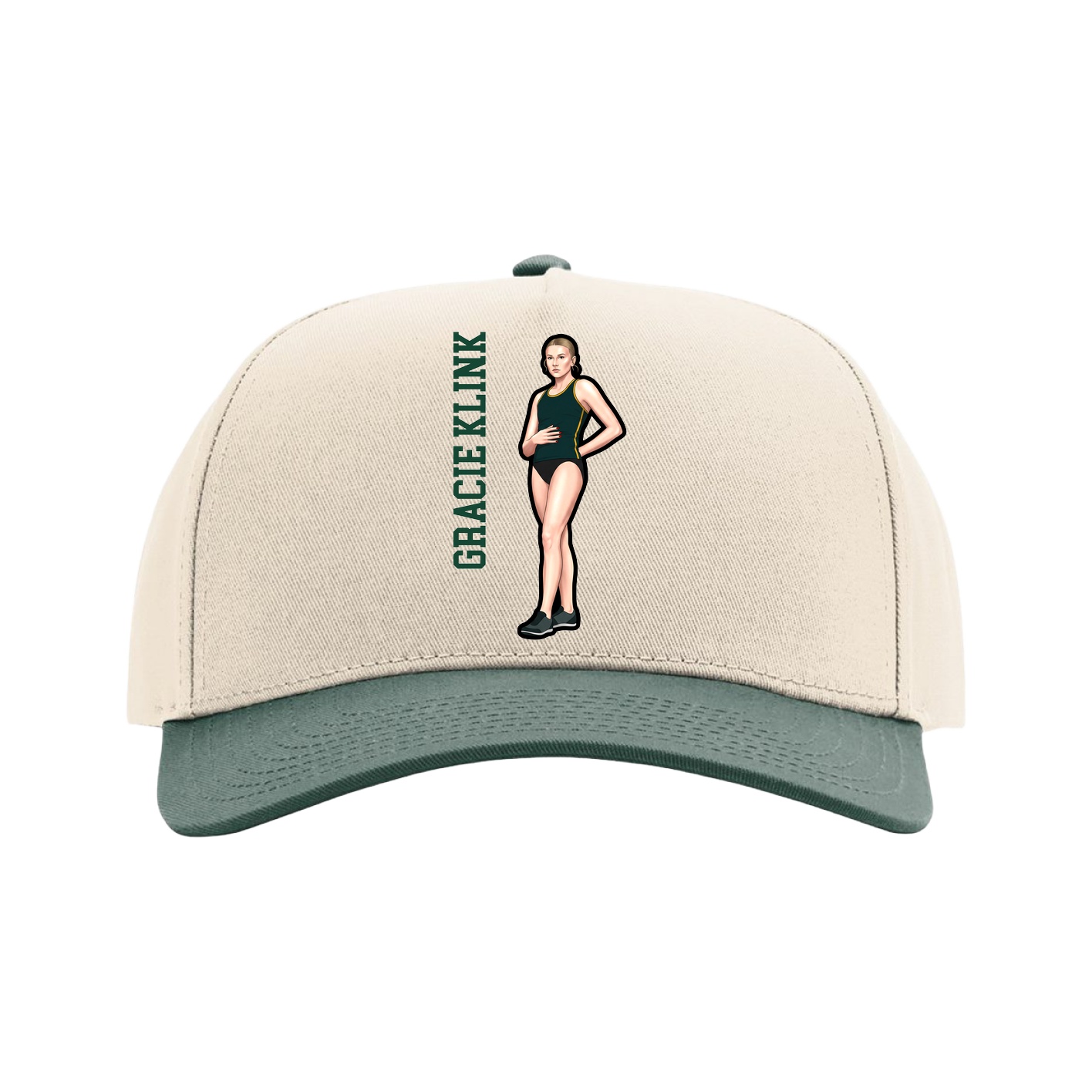 Full Fabric Five-Panel Champ Cap — Name Vertical in Cream/Green