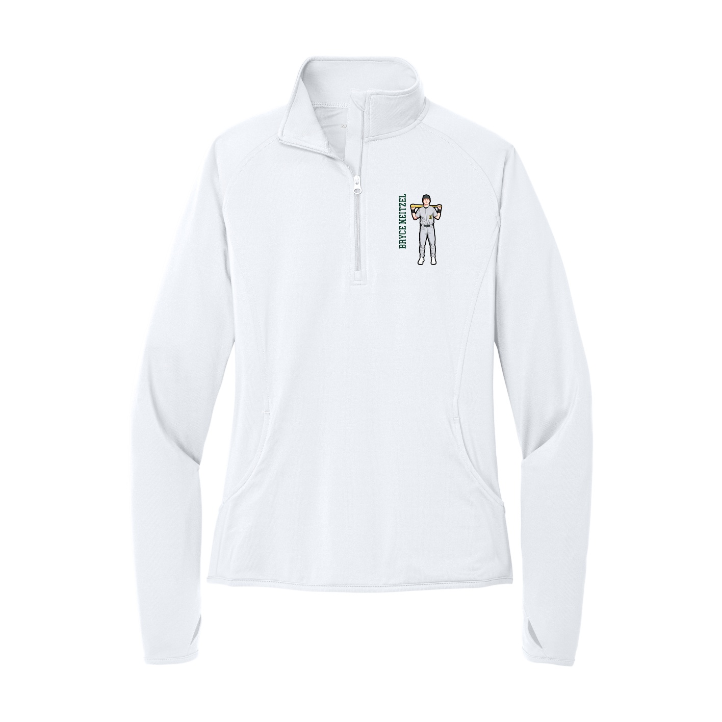 Women's Q-Zip Pullover — Name Vertical in White