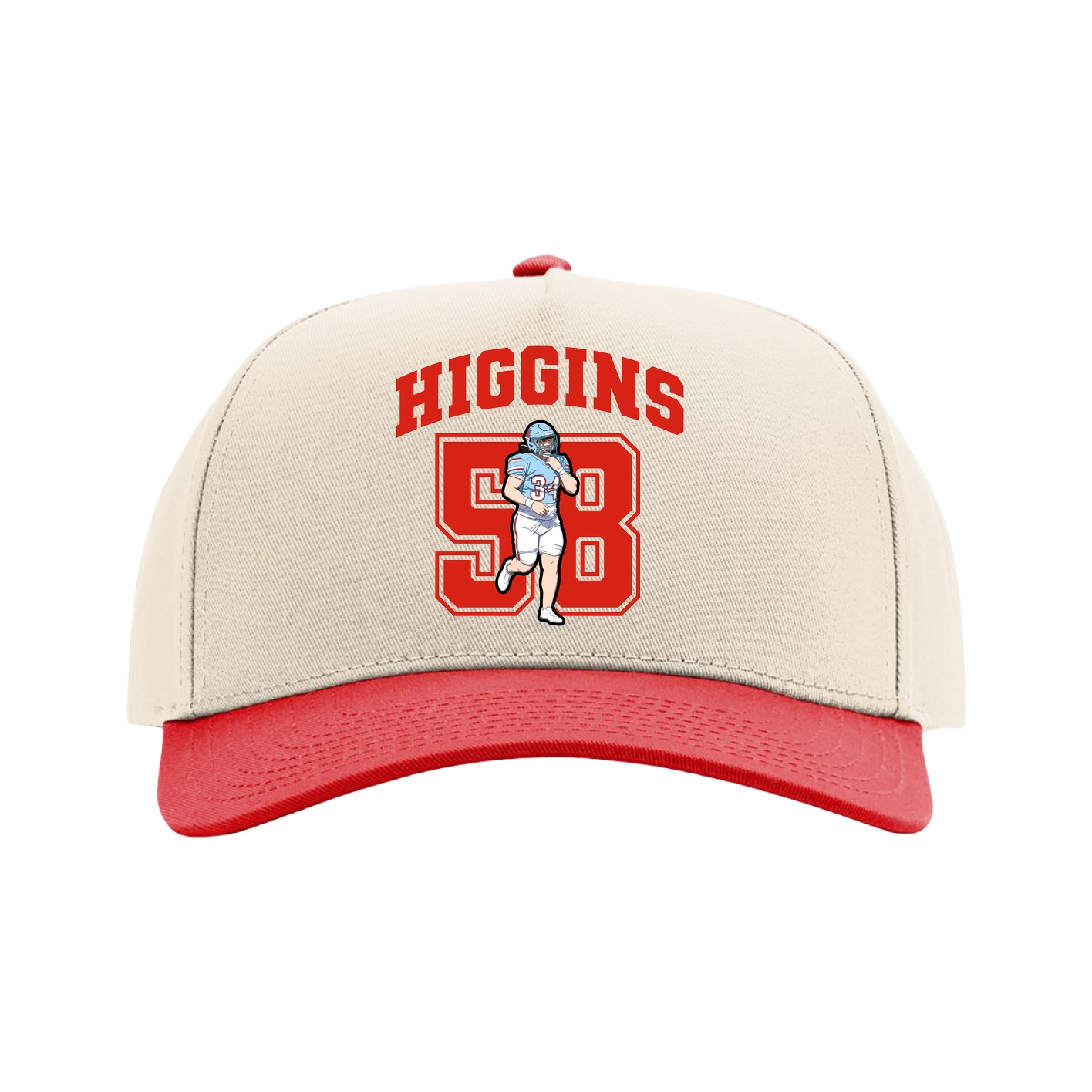 Full Fabric Five-Panel Champ Cap — Number in Cream/Red