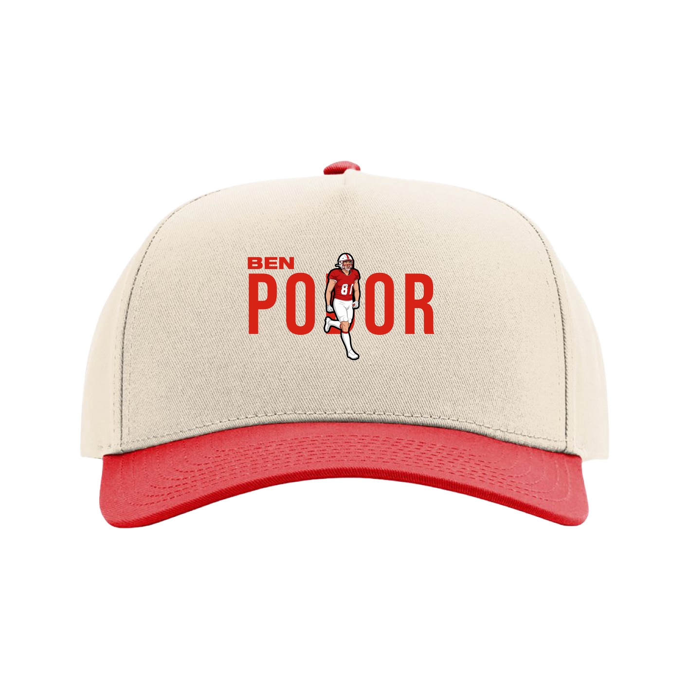 Full Fabric Five-Panel Champ Cap — Player Name in Cream/Red