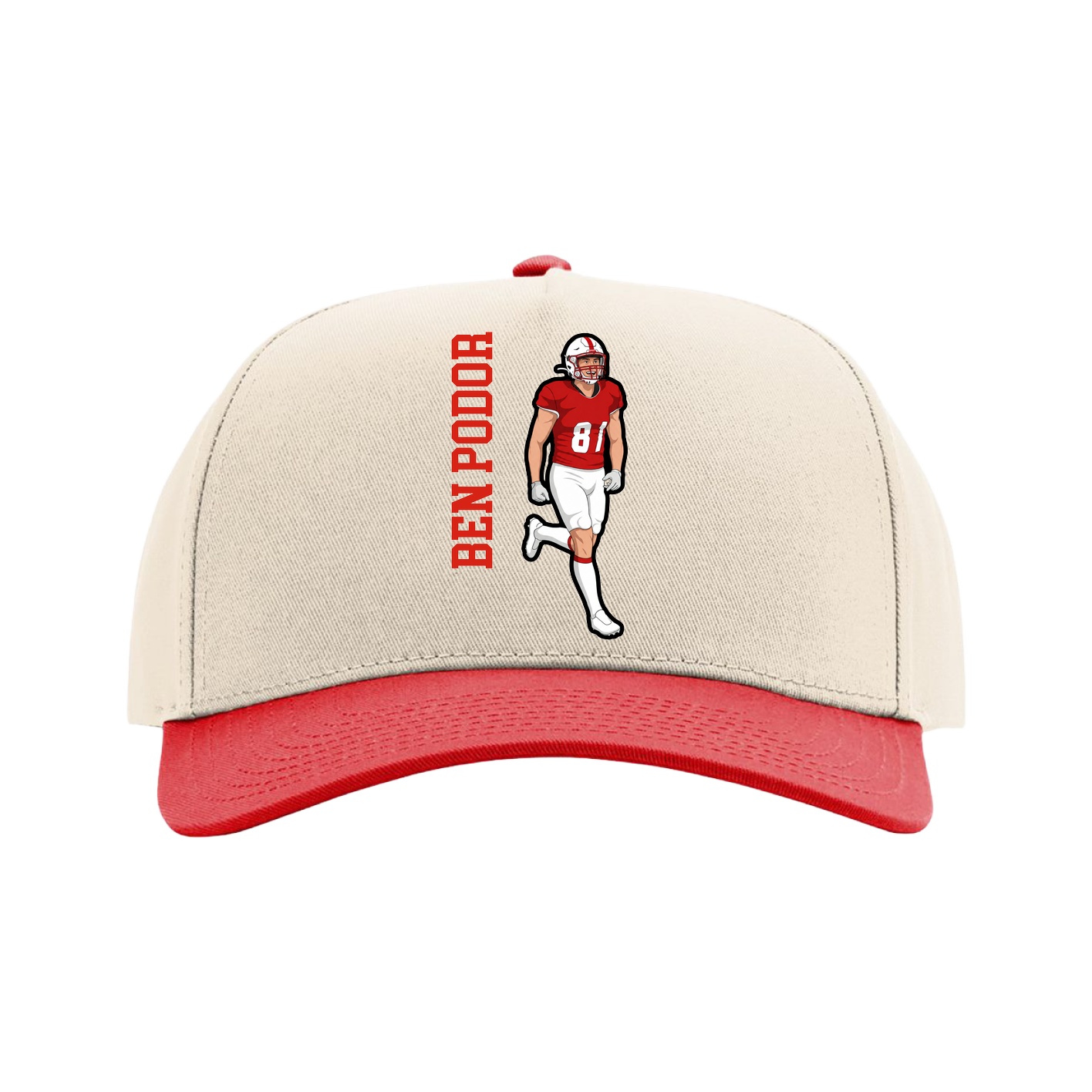Full Fabric Five-Panel Champ Cap — Name Vertical in Cream/Red