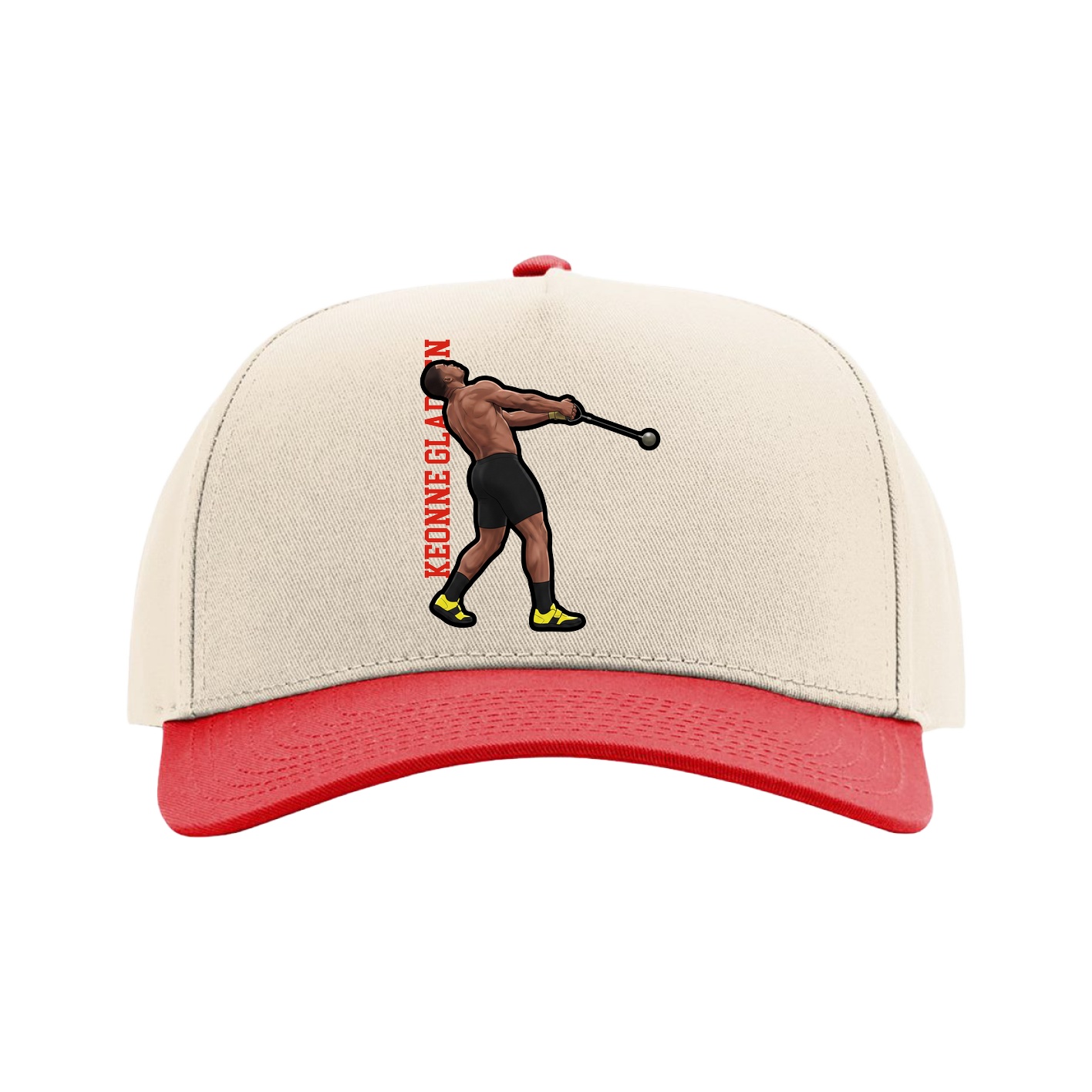 Full Fabric Five-Panel Champ Cap — Name Vertical in Cream/Red