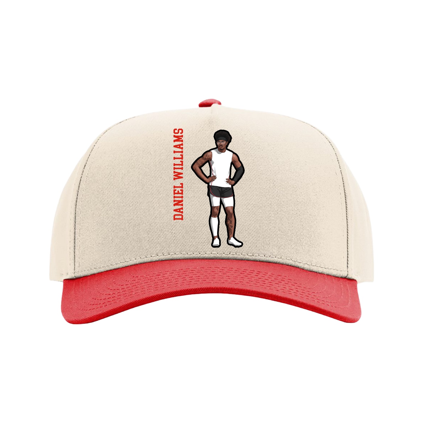Full Fabric Five-Panel Champ Cap — Name Vertical in Cream/Red