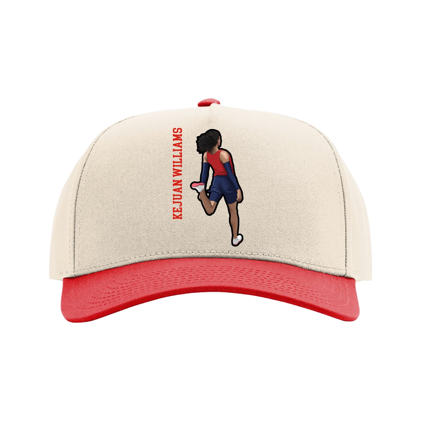 Full Fabric Five-Panel Champ Cap — Name Vertical in Cream/Red