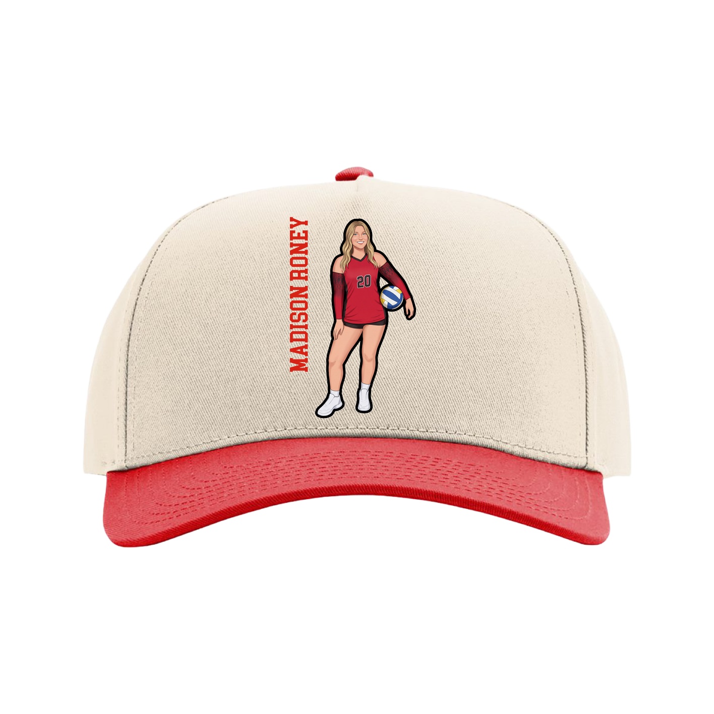 Full Fabric Five-Panel Champ Cap — Name Vertical in Cream/Red