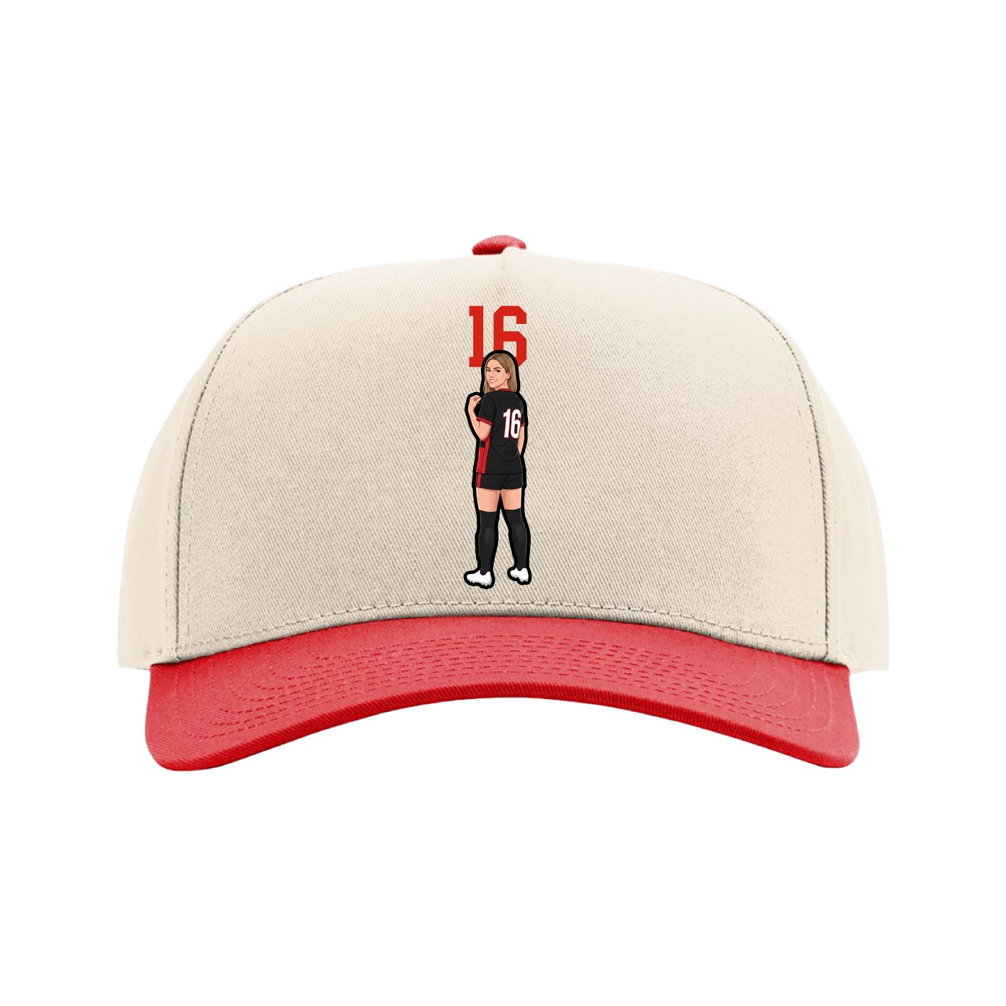 Full Fabric Five-Panel Champ Cap — Number Top in Cream/Red